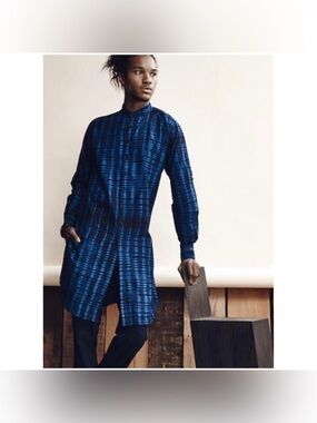 KNEELENGTH MANDARIN COLLAR LONG SLEEVE ANDY BUTTON DOWN SHIRT - BLUE LOLA